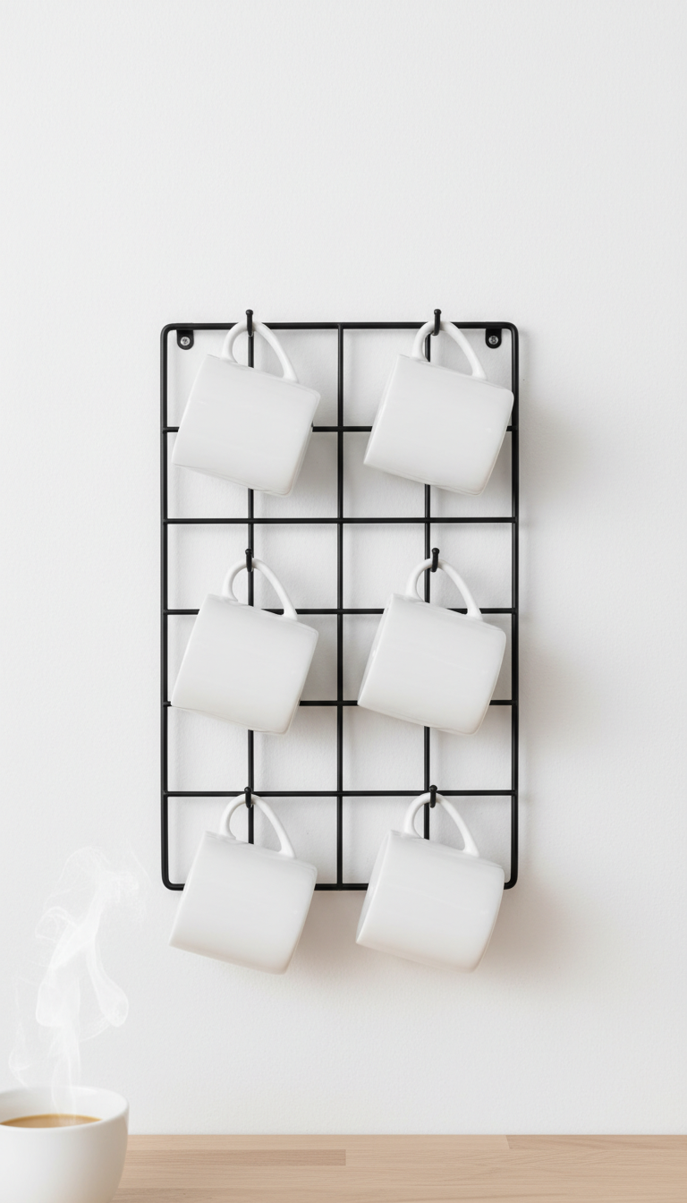 Minimalist black metal mug rack with six white ceramic mugs hanging neatly on clean white wall.
