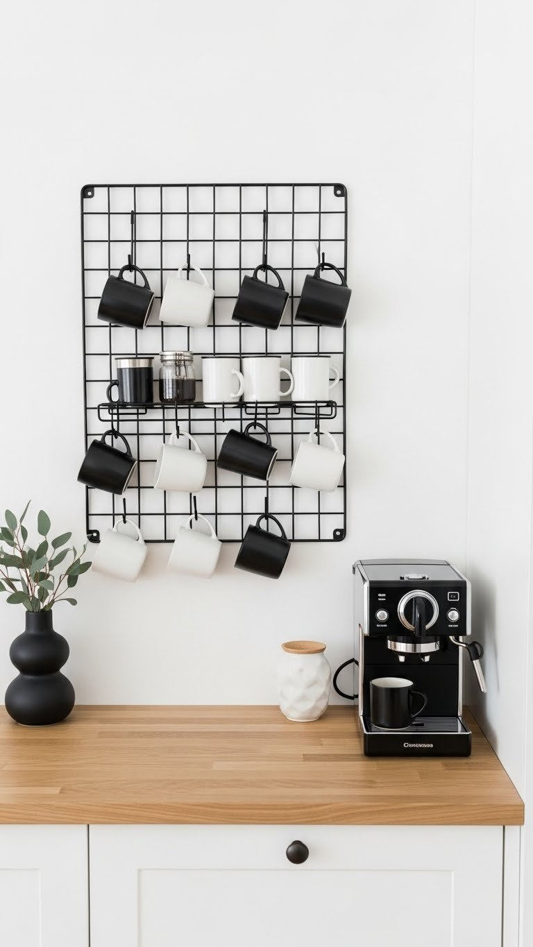 Minimalist black wire grid panel displaying matte black and white coffee mugs on white wall