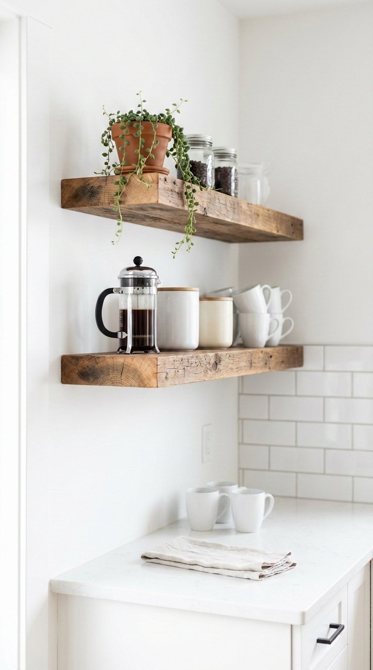 Minimalist coffee station with rustic wood floating shelves holding French press, canisters, and white mugs on white kitchen wall.