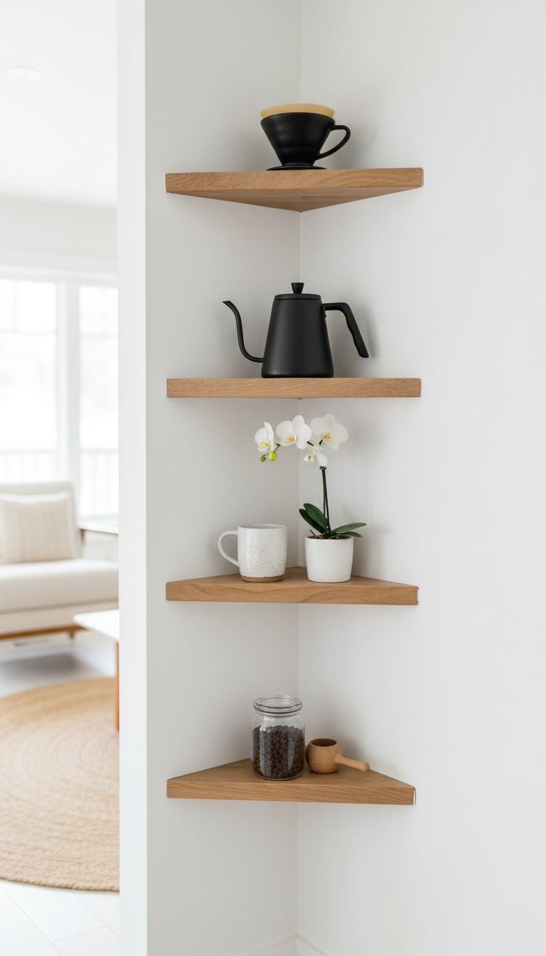 Minimalist corner coffee nook with triangular wood shelves displaying pour-over setup against white wall