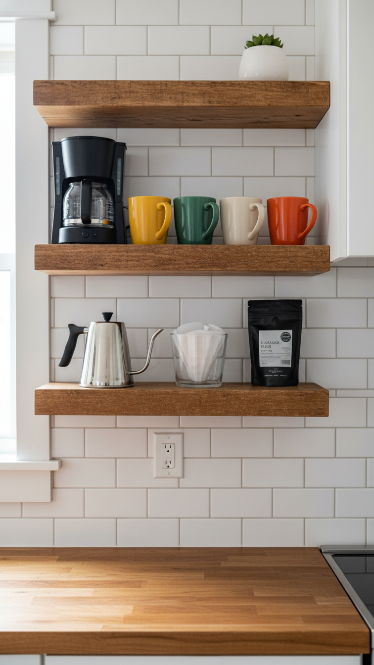 Minimalist floating shelf coffee bar with black drip coffee maker and colorful mugs on white subway tile backsplash