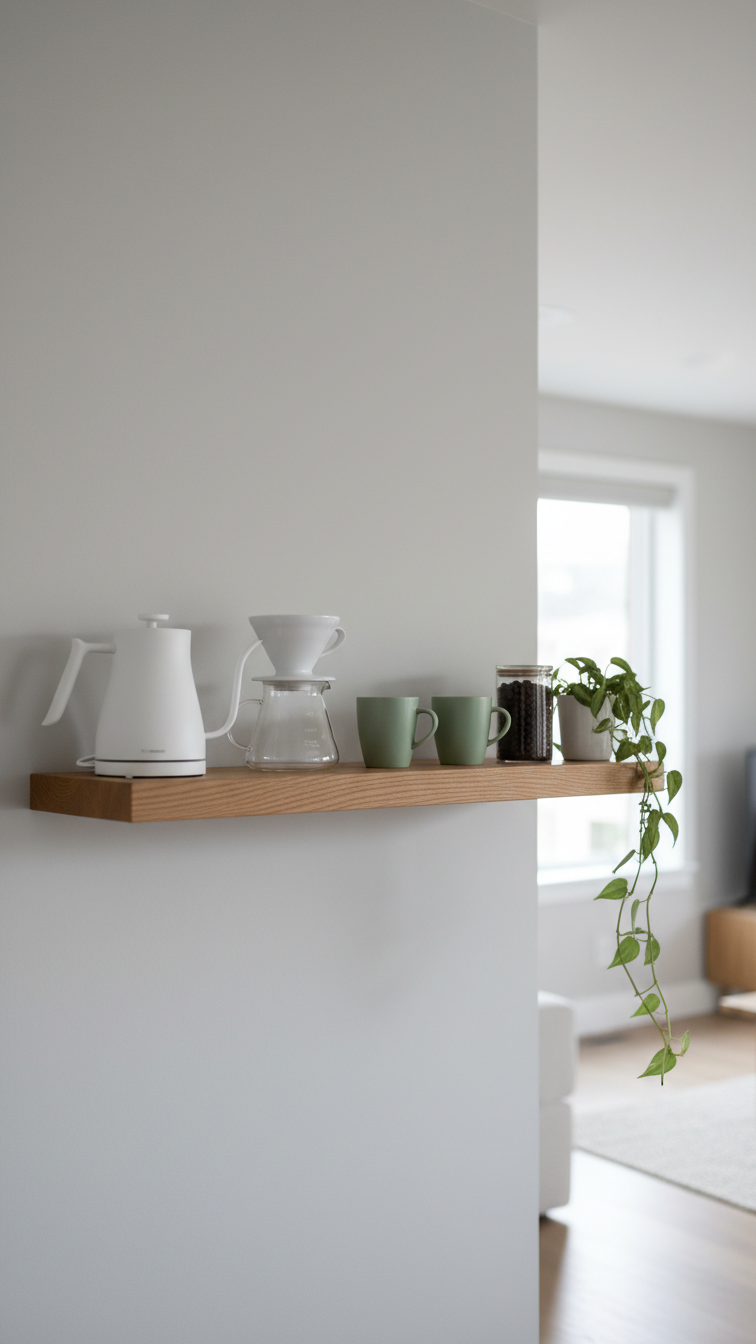 Minimalist floating shelf coffee bar with white gooseneck kettle, ceramic pour-over dripper, and sage green mugs on natural oak shelf.