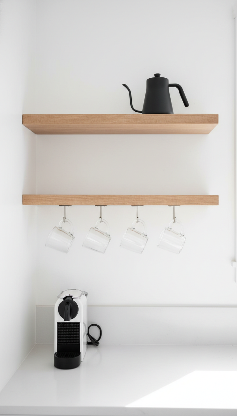 Minimalist floating shelf coffee nook with light wood shelves holding espresso machine and glass mugs.