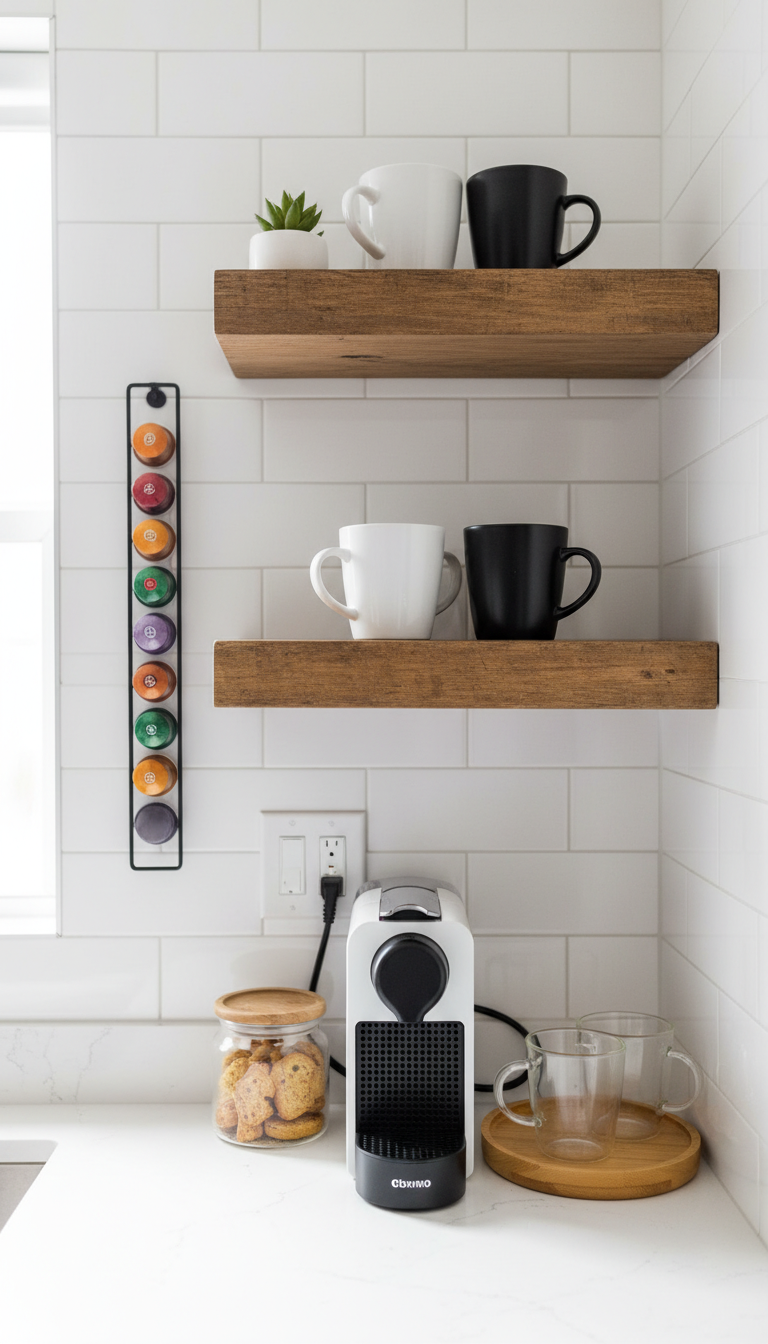 Minimalist floating shelf coffee nook with rustic wood shelves on white subway tile wall holding compact coffee maker