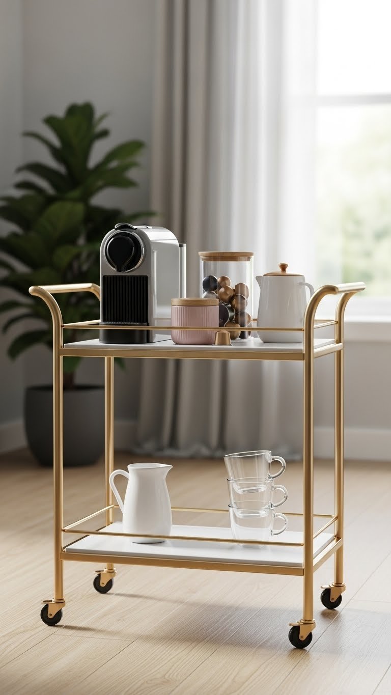 Minimalist gold coffee bar cart with personal coffee machine and glass mugs on light wood floor in modern living room setting.