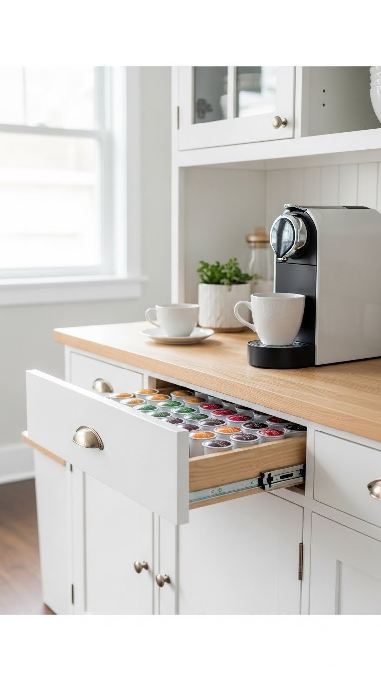 Minimalist hutch coffee bar with hidden pull-out drawer for organized coffee pod storage
