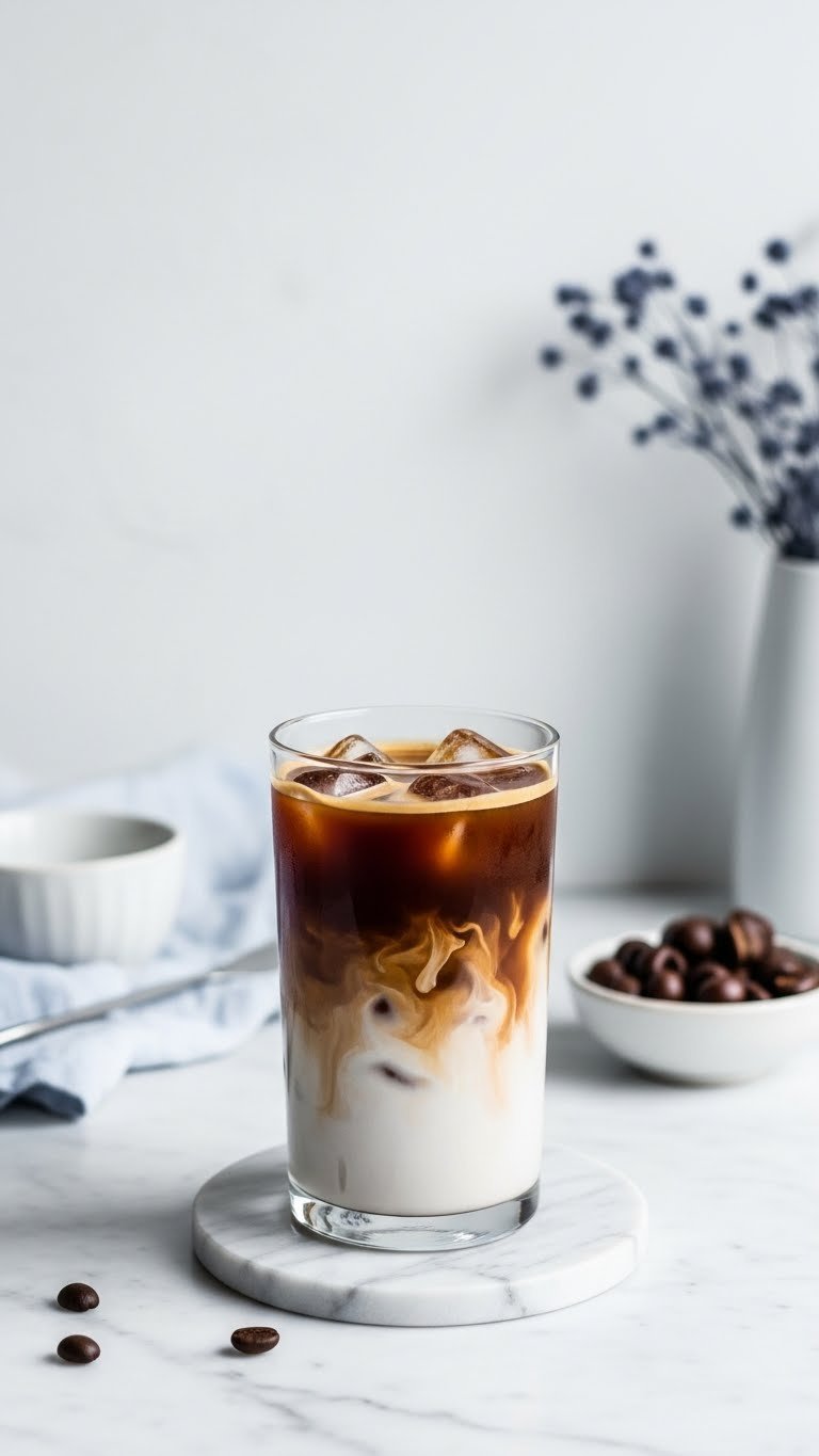 Minimalist iced coffee with crystal ice cubes and oat milk swirl on marble countertop in bright daylight