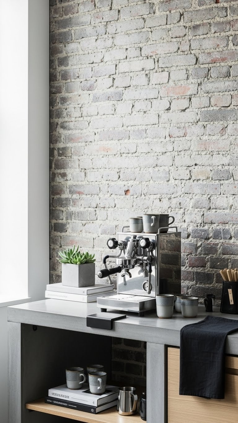 Minimalist industrial coffee station with concrete countertop and stainless steel espresso machine on exposed brick wall
