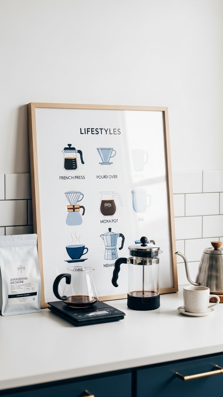 Minimalist infographic print of coffee brewing methods in wood frame near Chemex and French press