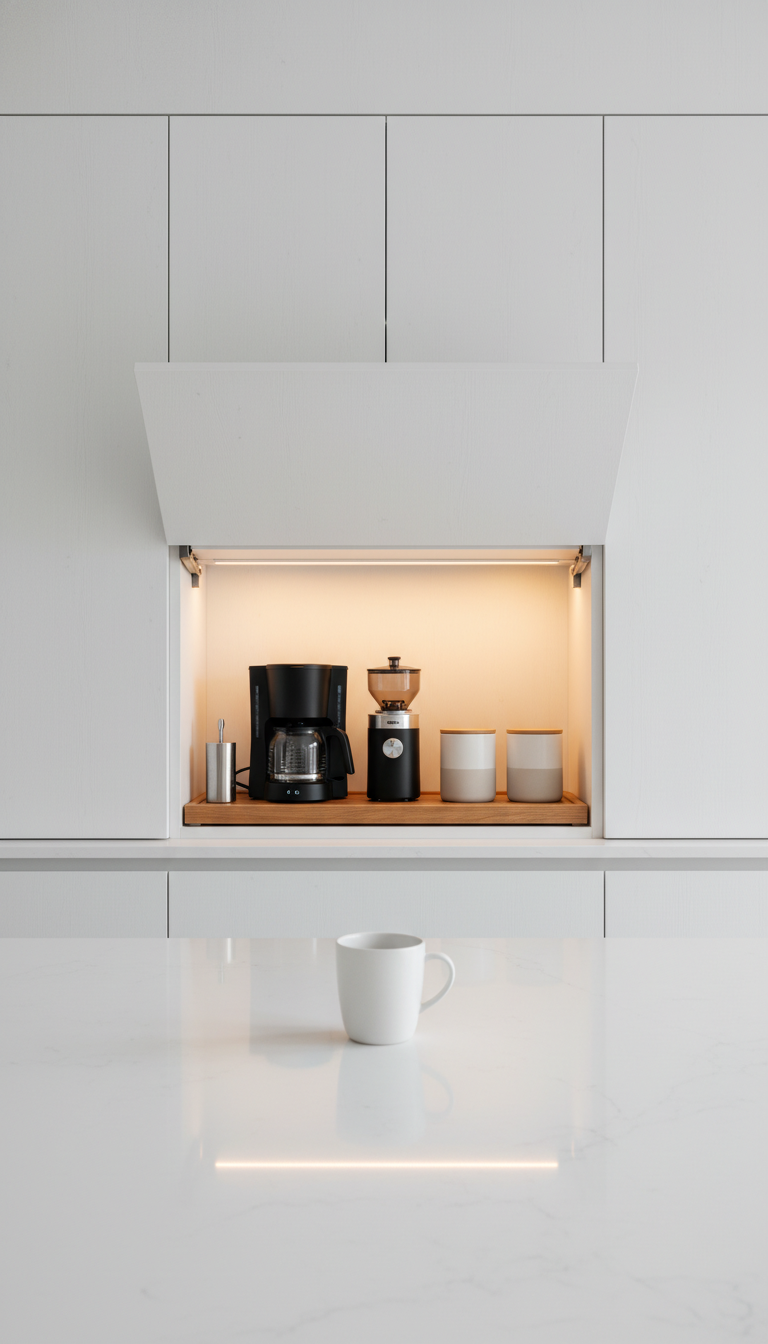 Minimalist kitchen with built-in appliance garage revealing hidden coffee station with coffee maker and grinder
