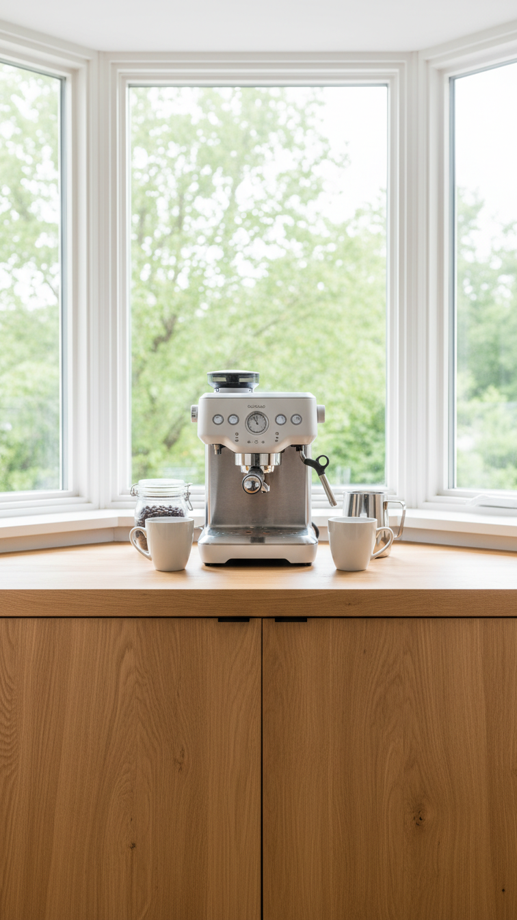 Minimalist light-oak floating countertop with modern white espresso machine in bay window with ceramic mugs