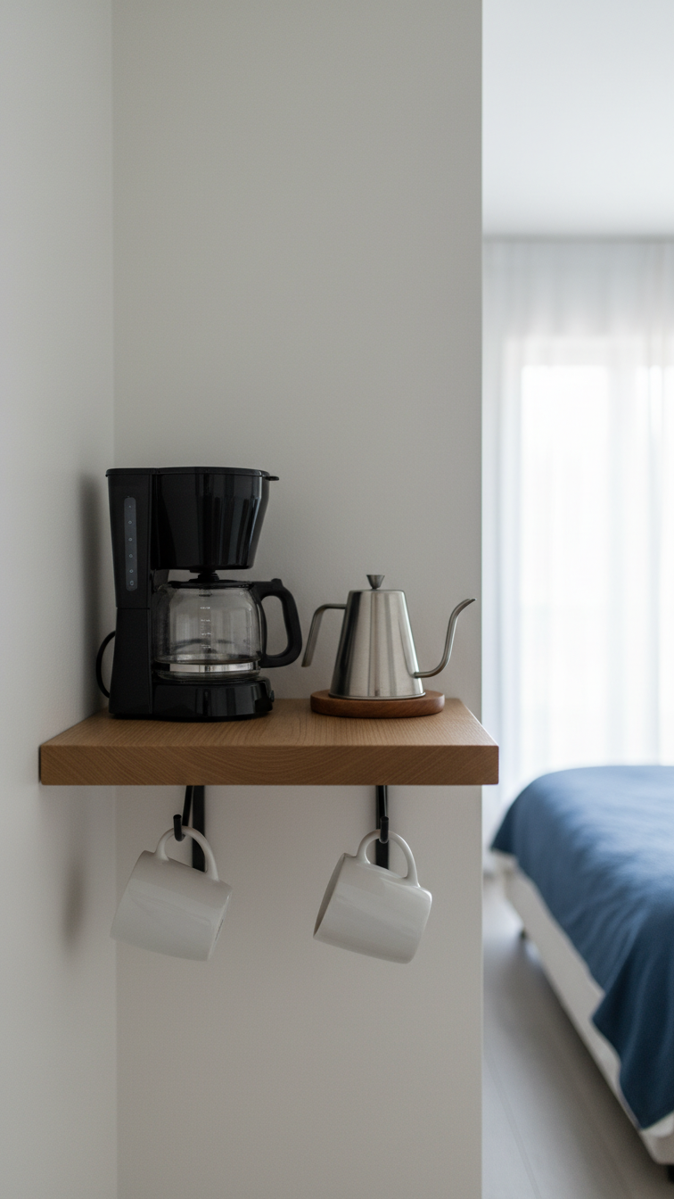Minimalist light-oak floating shelf coffee bar with modern coffee maker and white mugs on clean white wall