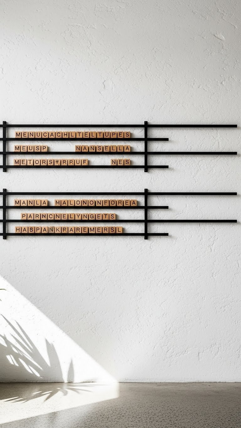 Minimalist menu rail system with black metal rails and wooden tiles on textured white wall in clean architectural cafe setting