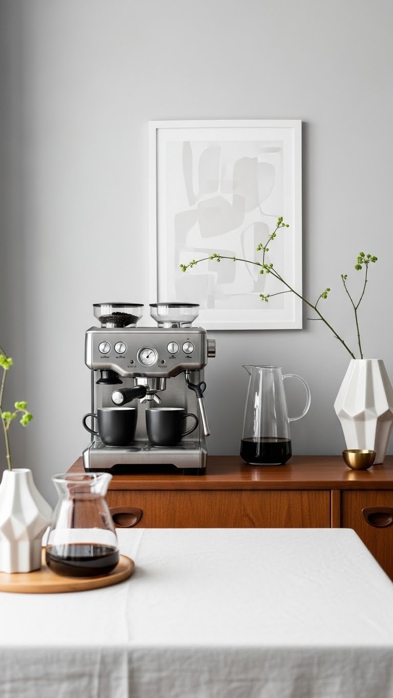 Minimalist mid-century teak credenza coffee bar with stainless steel espresso machine and matte black ceramic mugs