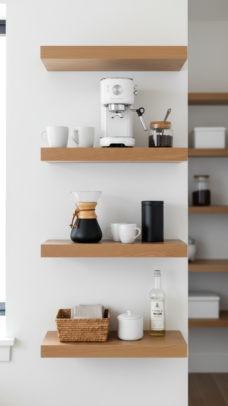 Minimalist pantry coffee bar with oak floating shelves, white ceramic espresso machine, and natural lighting on clean white wall