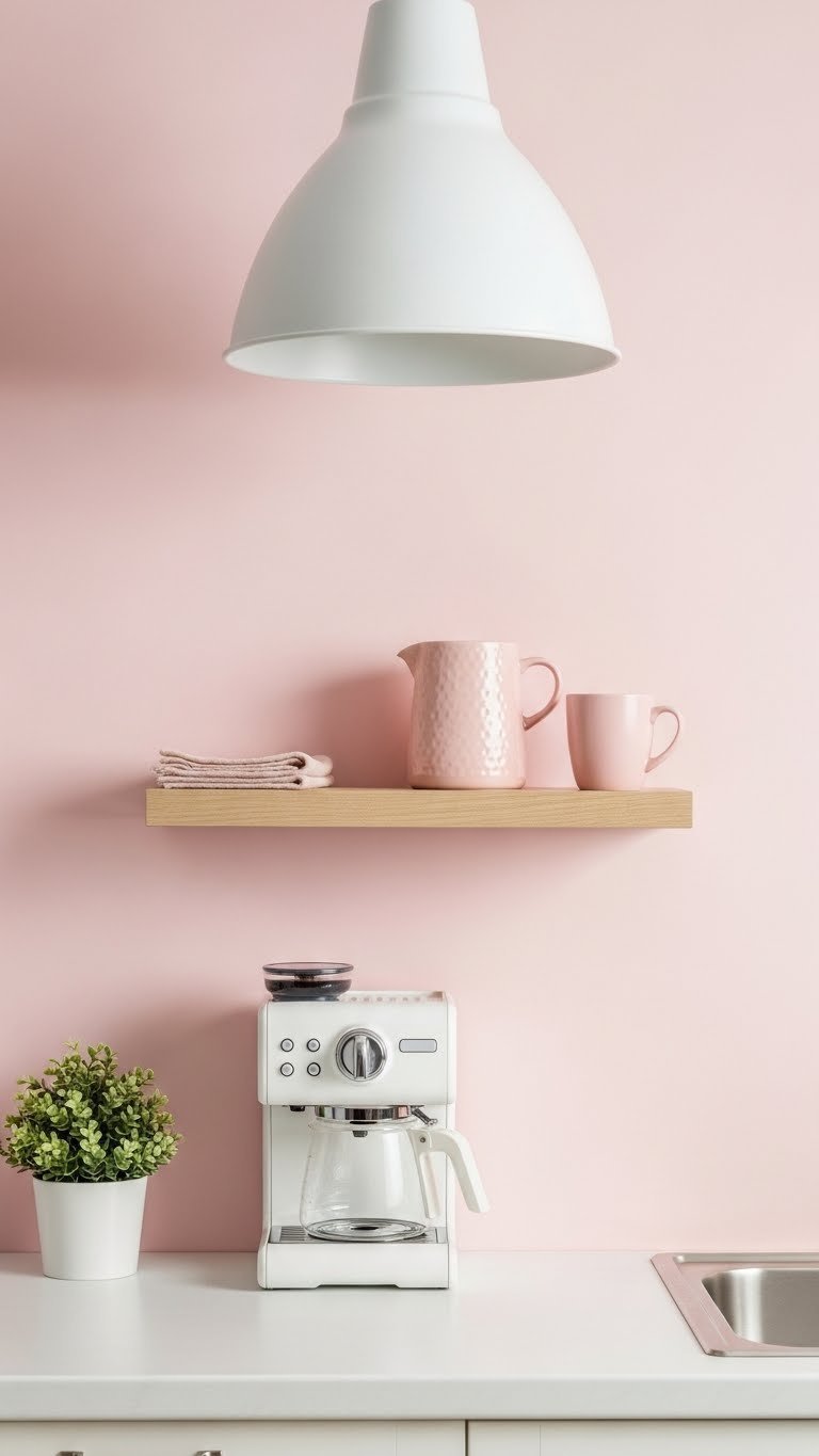 Minimalist pastel pink coffee nook with white ceramic coffee maker on floating wooden shelf
