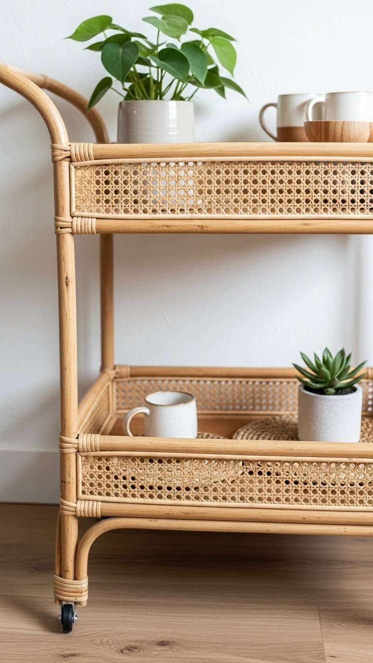 Minimalist rattan bar cart boho coffee bar setup with ceramic mug and succulent on light wooden floor