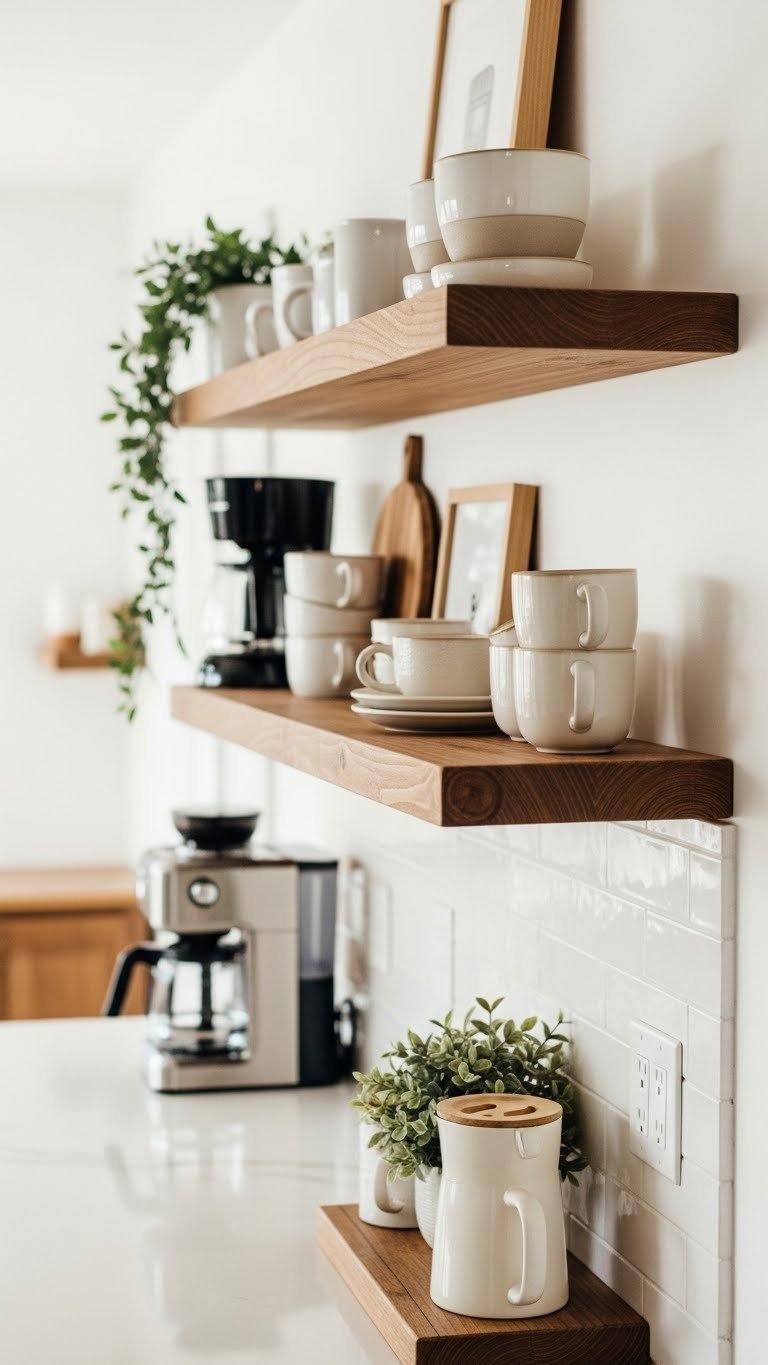 Minimalist rustic coffee corner with wooden floating shelves, compact coffee maker, and neutral-toned ceramic mugs