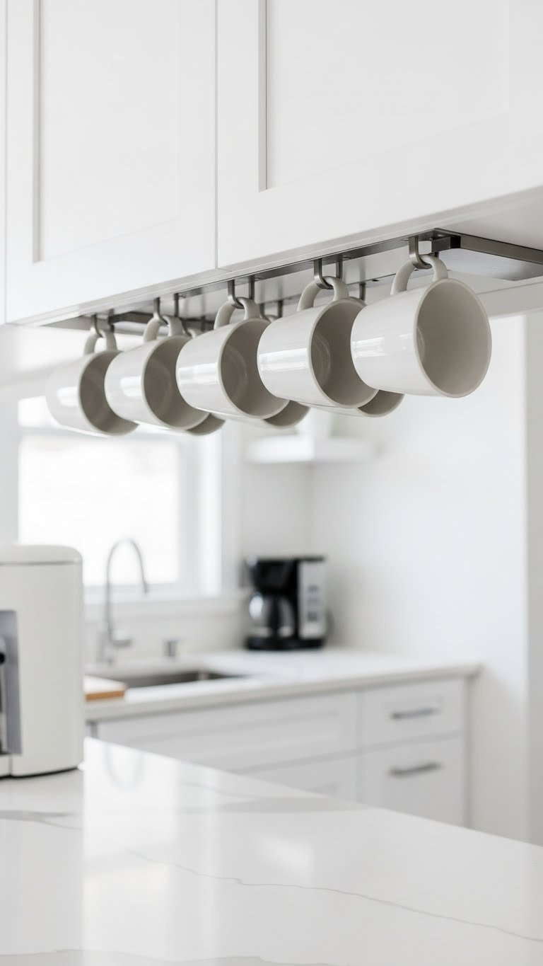 Minimalist under-cabinet mug rack with white ceramic cups in modern kitchen space-saving design