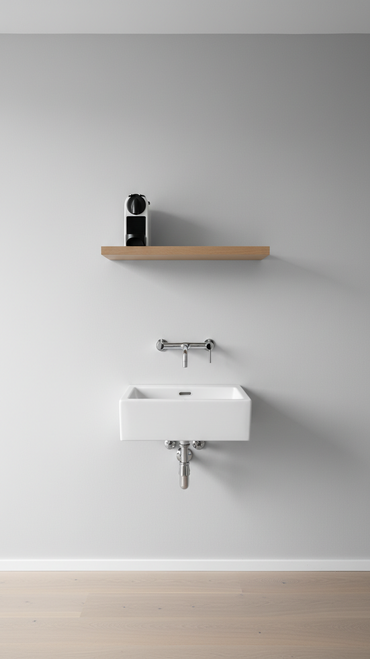 Minimalist wall-mounted coffee bar sink with white ceramic basin and chrome faucet against light gray wall