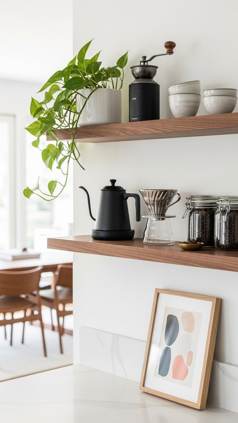 Minimalist walnut floating shelf coffee nook with black coffee grinder, nesting cups, and pour-over station