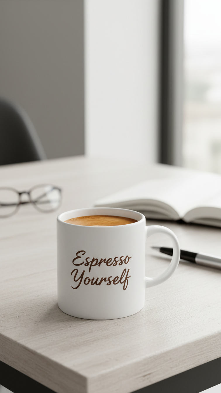 Minimalist white ceramic mug with 'Espresso Yourself' text filled with dark espresso on rustic wooden table.