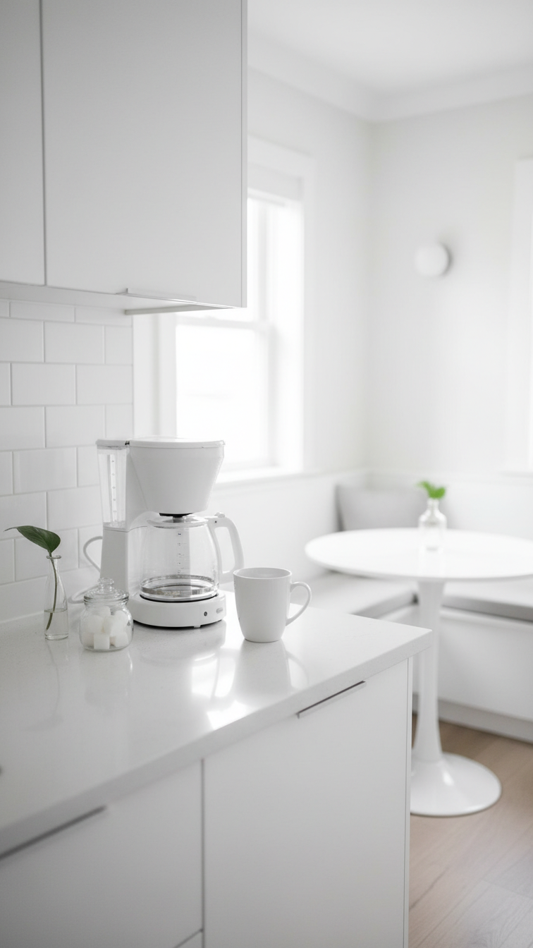 Minimalist white coffee station with drip coffee maker and subway tile backsplash on quartz countertop