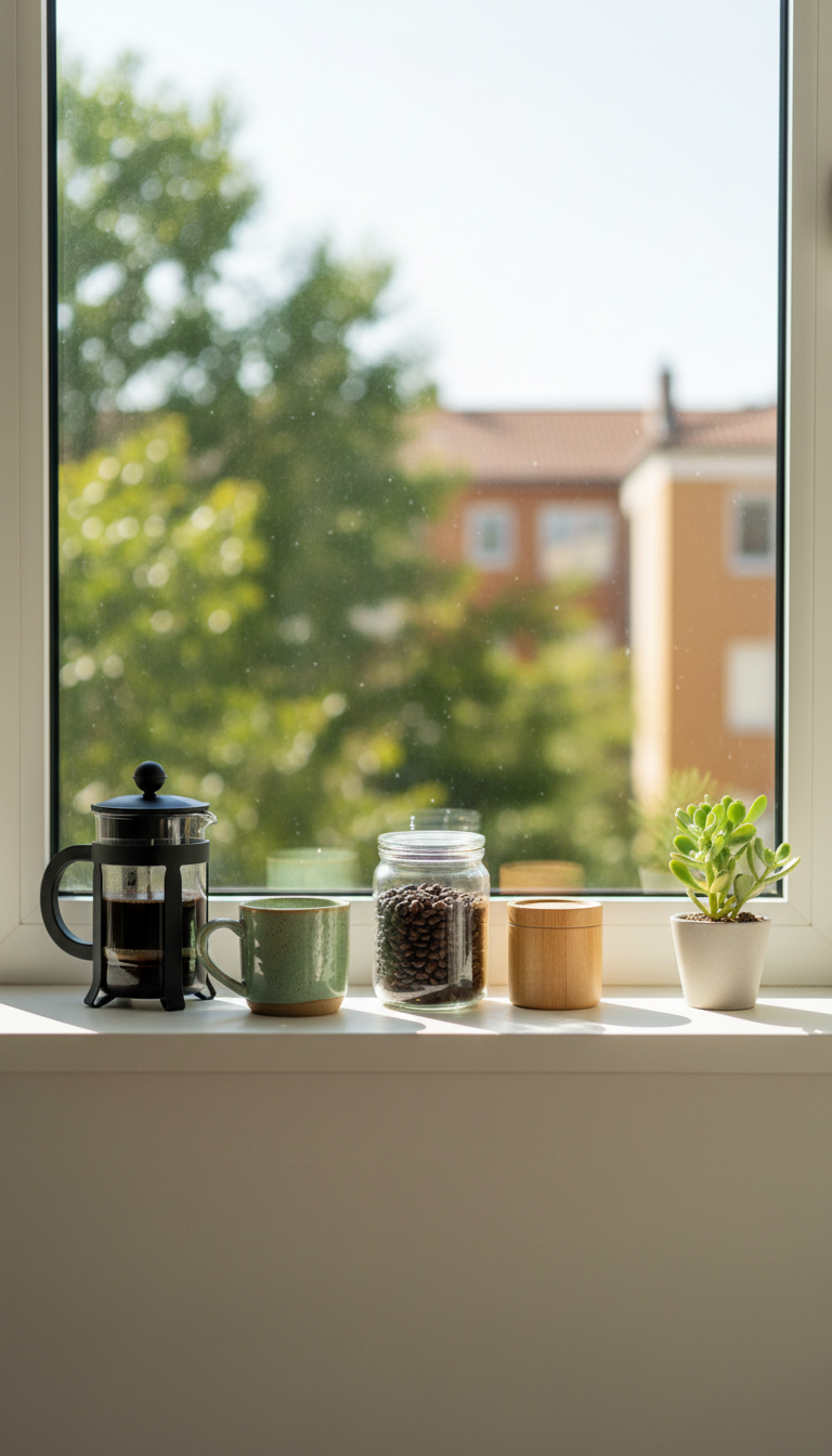 Minimalist windowsill coffee station with French press and ceramic mug arranged in bright morning sunlight