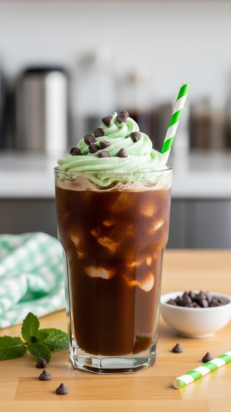 Mint chocolate chip iced coffee with green whipped cream and mini chocolate chips on light wooden countertop.