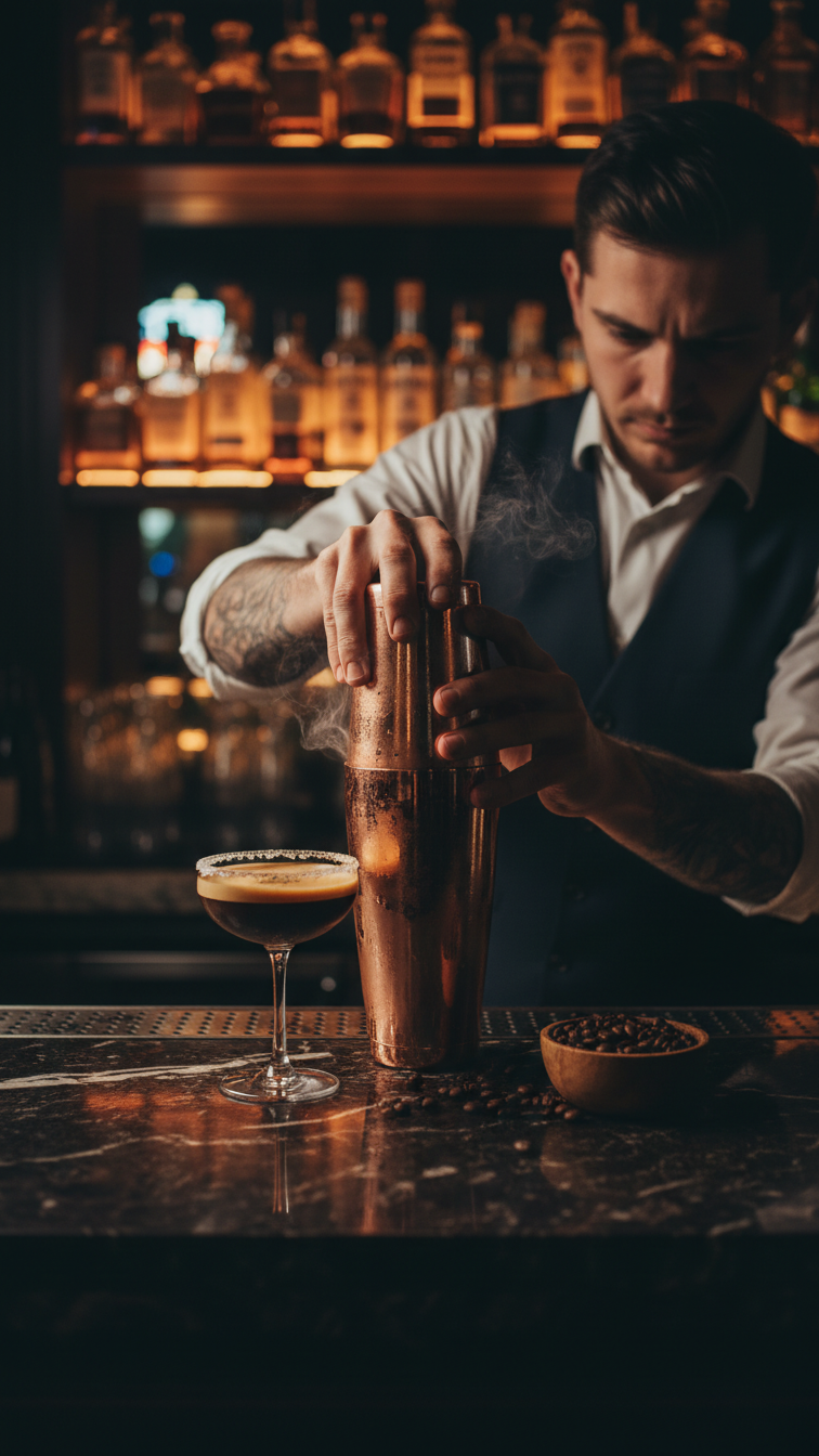 Mixologist crafting espresso martini with dramatic lighting in moody speakeasy-style cocktail bar