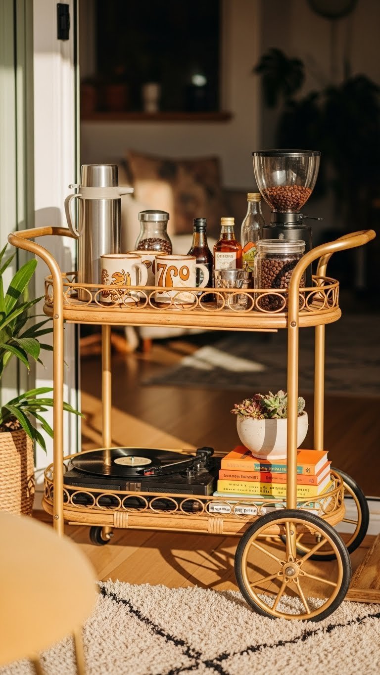 Mobile 70s coffee bar cart with gold-toned retro design and ceramic mugs on shag carpet.