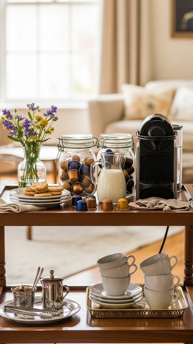 Mobile Nespresso coffee bar cart featuring Lattissima One machine and colorful capsules on vintage wooden cart