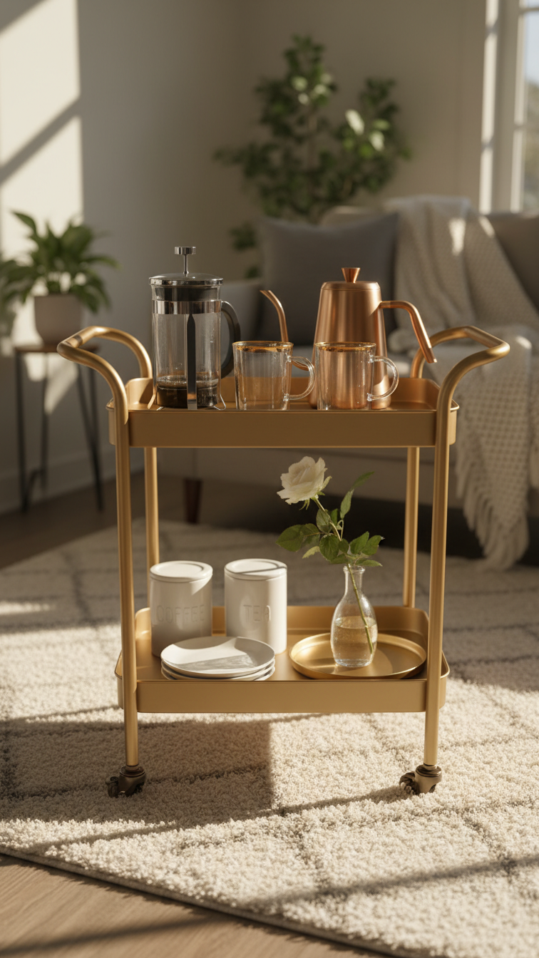Mobile coffee bar on matte gold two-tiered serving cart with French press, gooseneck kettle, and elegant glass mugs