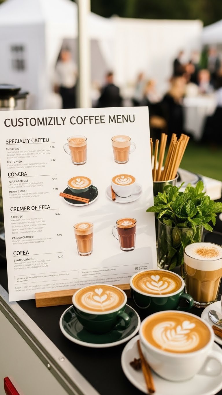Mobile coffee bar with customizable menu board showcasing specialty coffee drinks and latte art in warm cream and brown tones