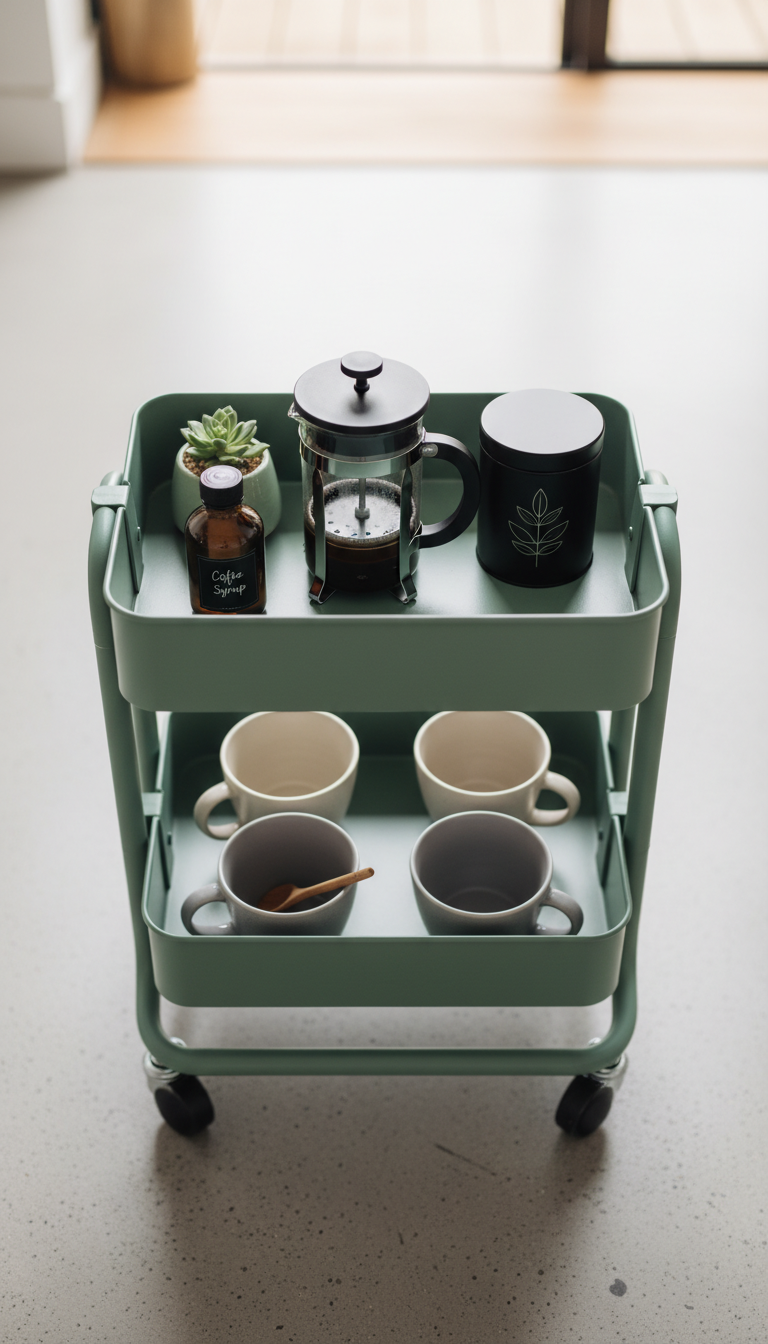 Mobile coffee cart with French press on two-tiered rolling cart featuring sage green and matte black accents