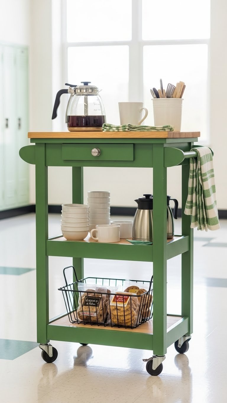 Mobile coffee cart with multi-tiered organization featuring airpot, cups, and biscotti in school hallway