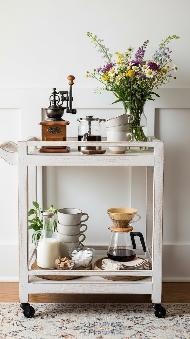 Mobile farmhouse bar cart coffee station with distressed wood, antique coffee grinder, ceramic cups, and wildflowers against light-filled wall.