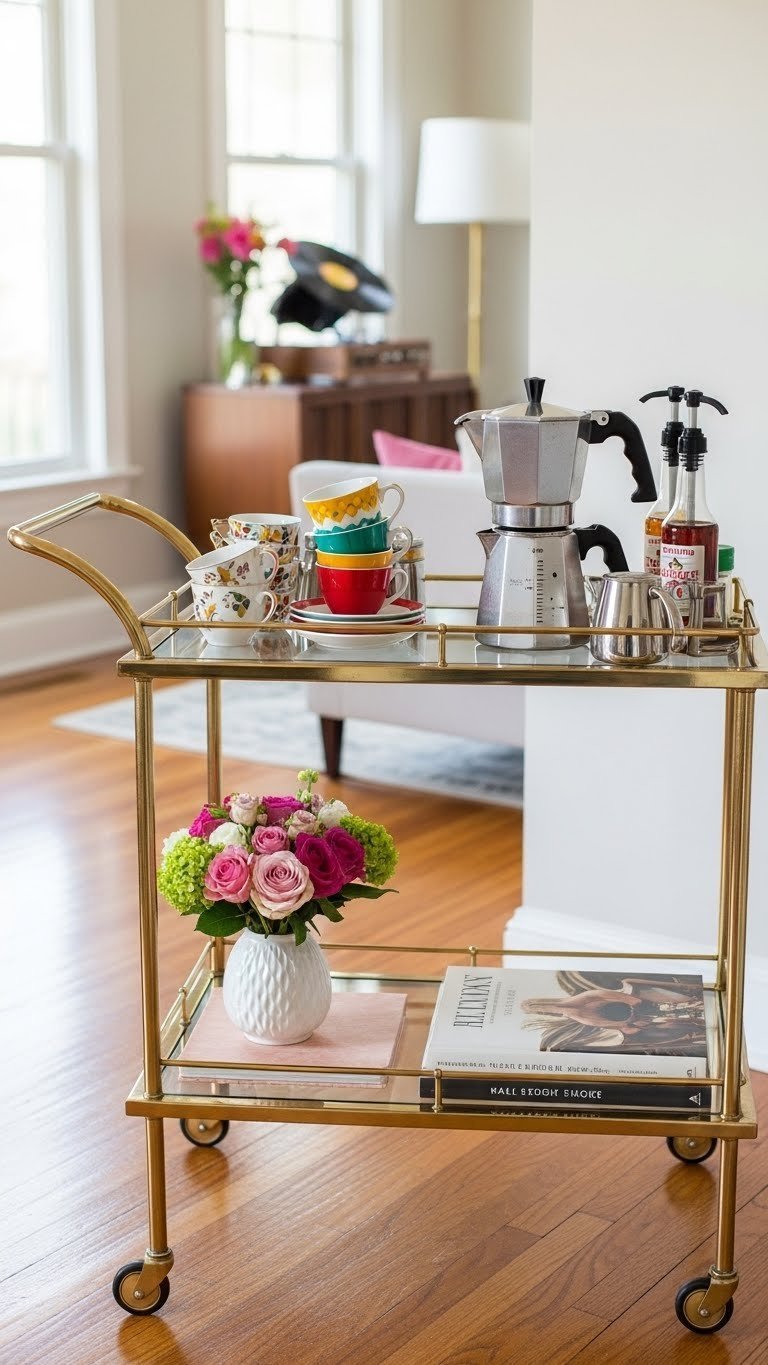 Mobile retro coffee bar featuring chic vintage bar cart with mid-century modern coffee maker