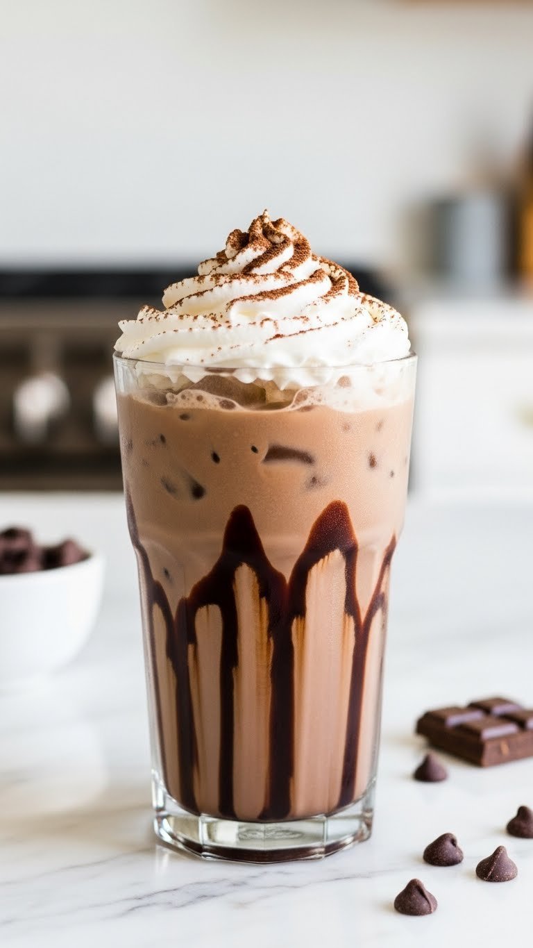 Mocha iced coffee with chocolate milk, whipped cream, and cocoa powder on white marble countertop.