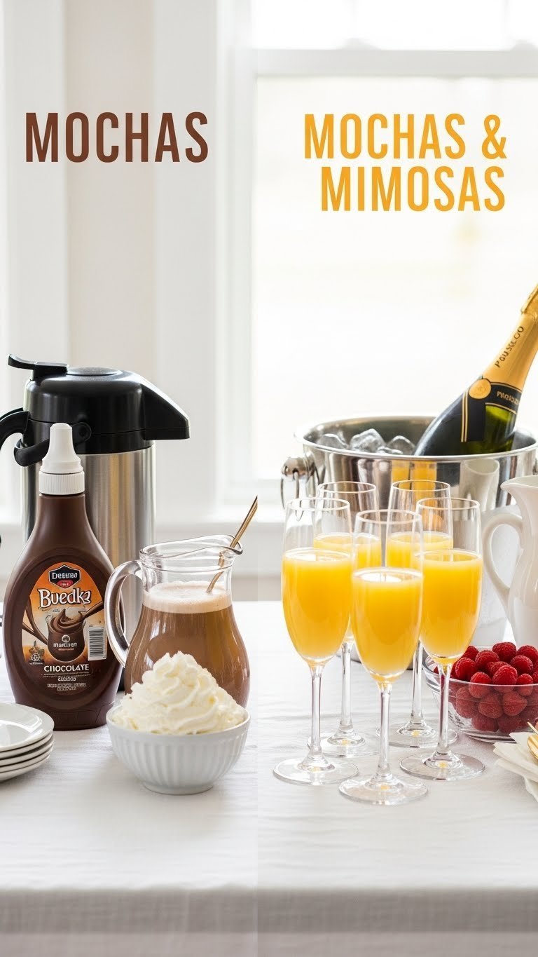 Mochas and mimosas brunch baby shower bar with coffee carafe, champagne flutes, and prosecco bottle on crisp white linen tablecloth.