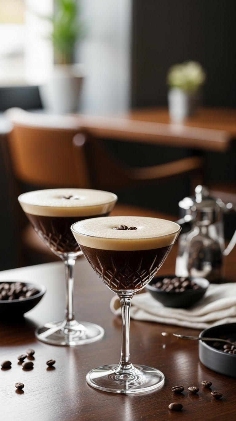 Modern Espresso Martinis in chilled martini glasses with creamy foam and coffee bean garnish on dark wooden table.