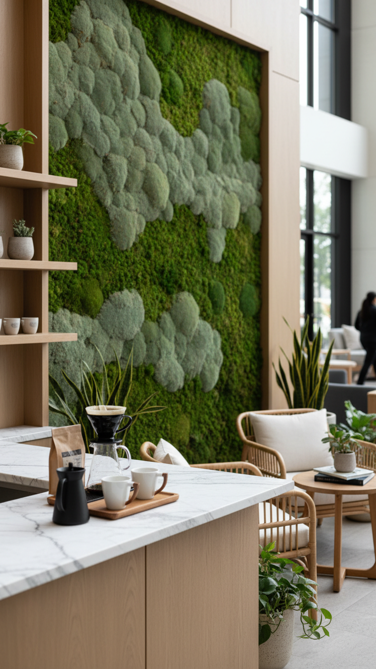 Modern biophilic coffee bar with lush moss wall, marble countertop, rattan chairs, and natural wood accents in hotel lobby