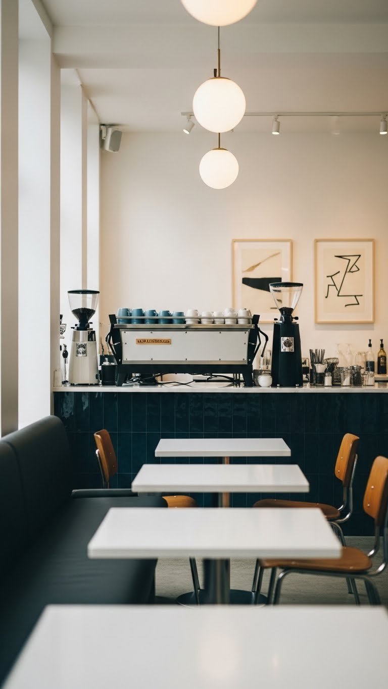 Modern cafe interior with subtle 1960s coffee bar influences featuring mid-century modern design elements