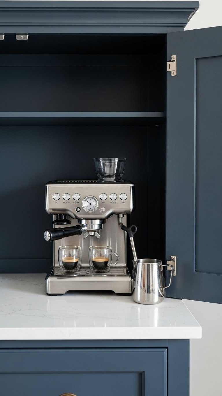 Modern charcoal gray armoire espresso station with chrome machine and glass cups on white quartz countertop.