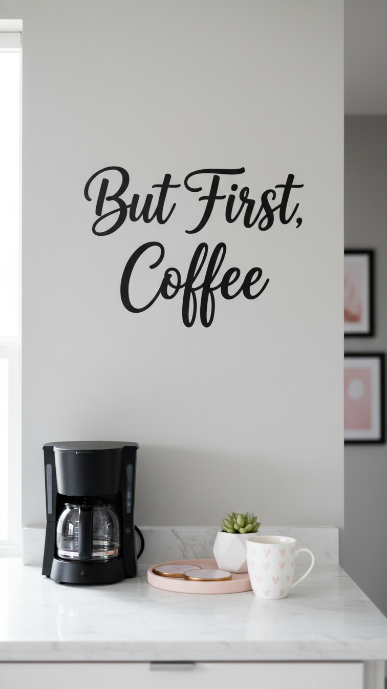 Modern coffee bar area with black vinyl 'But First, Coffee' wall decal above white marble countertop