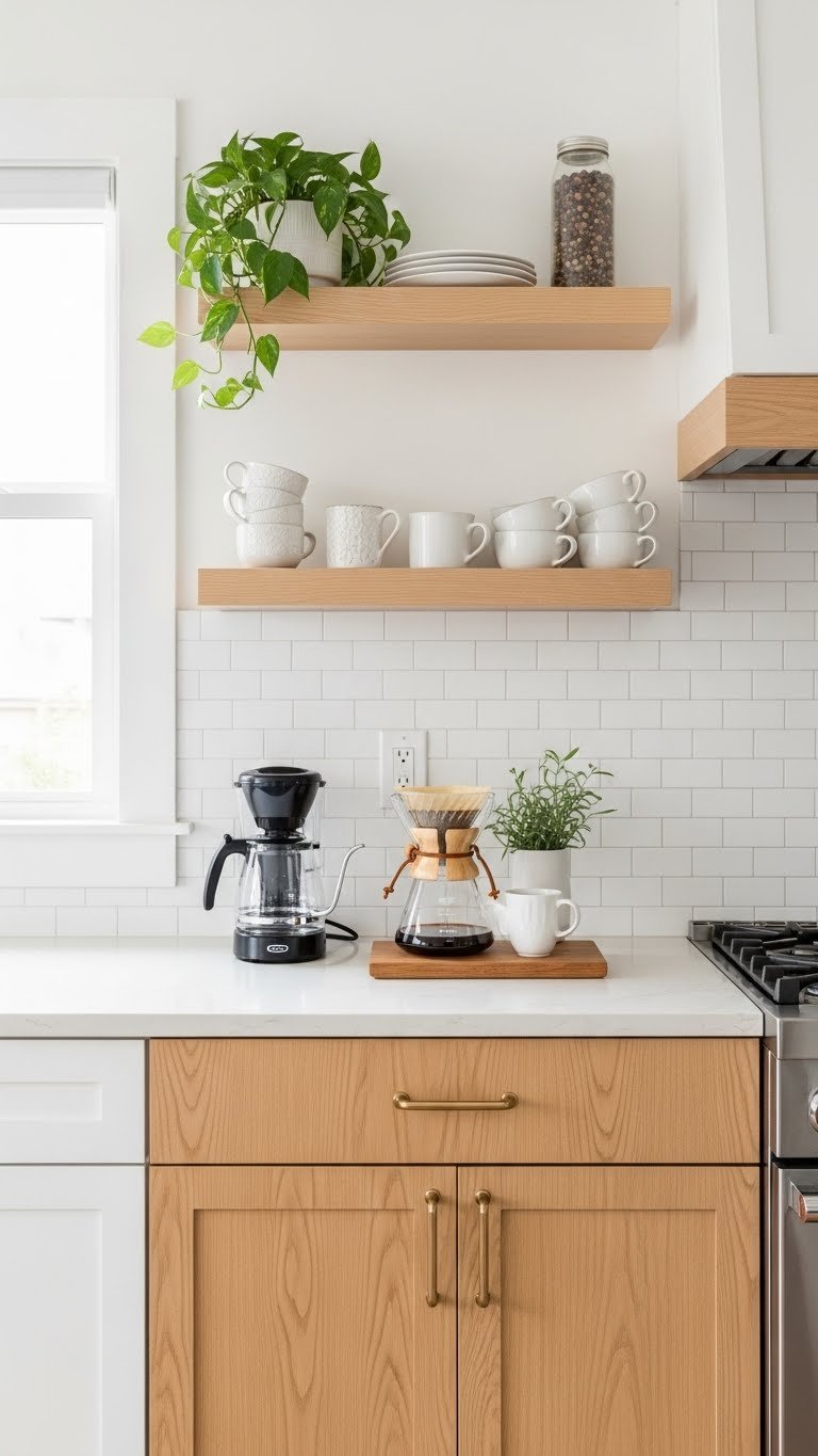 Modern coffee bar combining wall-mounted base cabinet with floating shelves displaying mugs and small plant on light wood countertop.