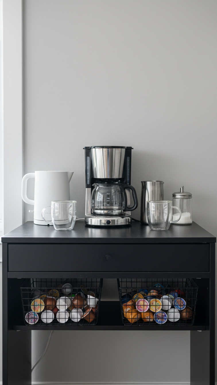 Modern coffee bar using repurposed black desk with chrome drip coffee maker, wire baskets for pods, and minimalist organization