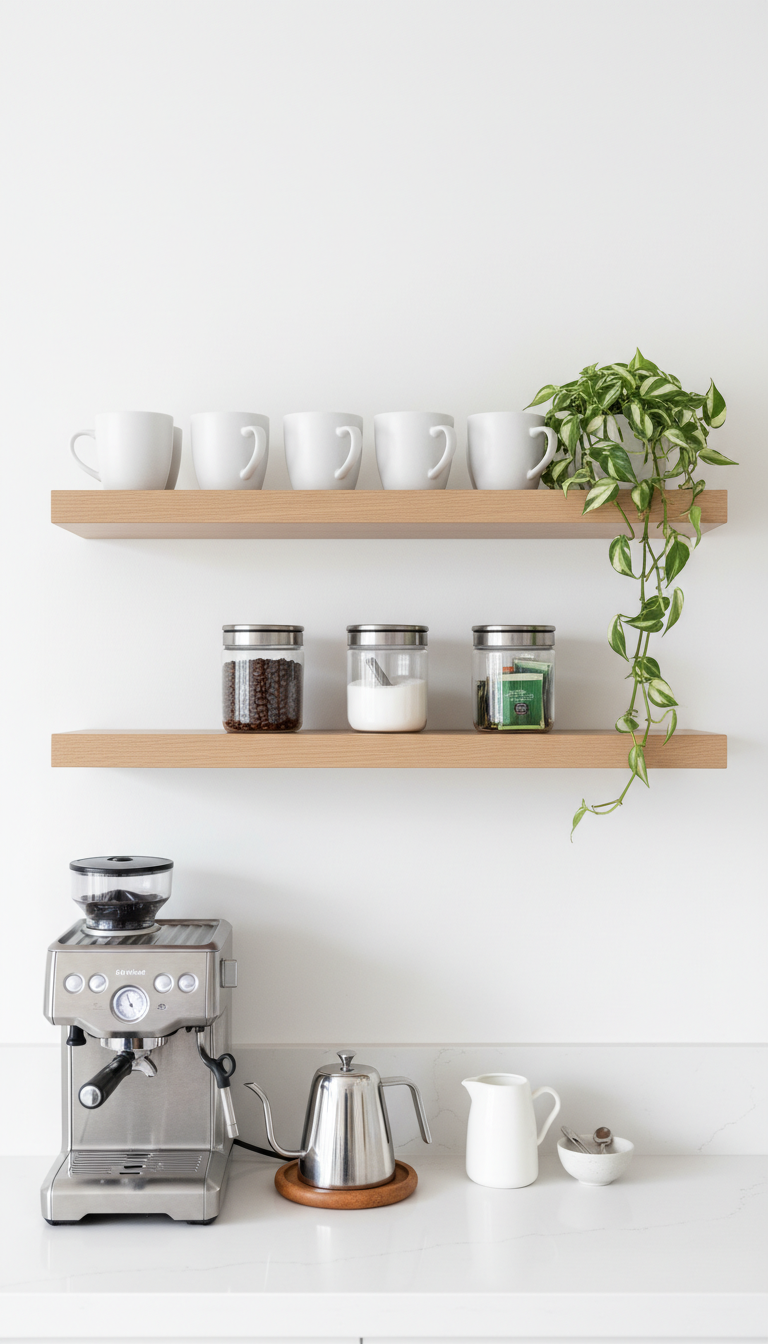 Modern coffee bar with light oak floating shelves displaying glass canisters and white ceramic mugs on white counter