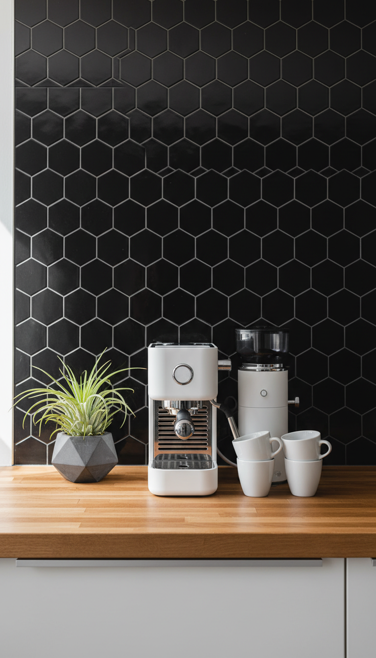 Modern coffee bar with white espresso machine against black hexagonal tile backsplash and light butcher block counter.