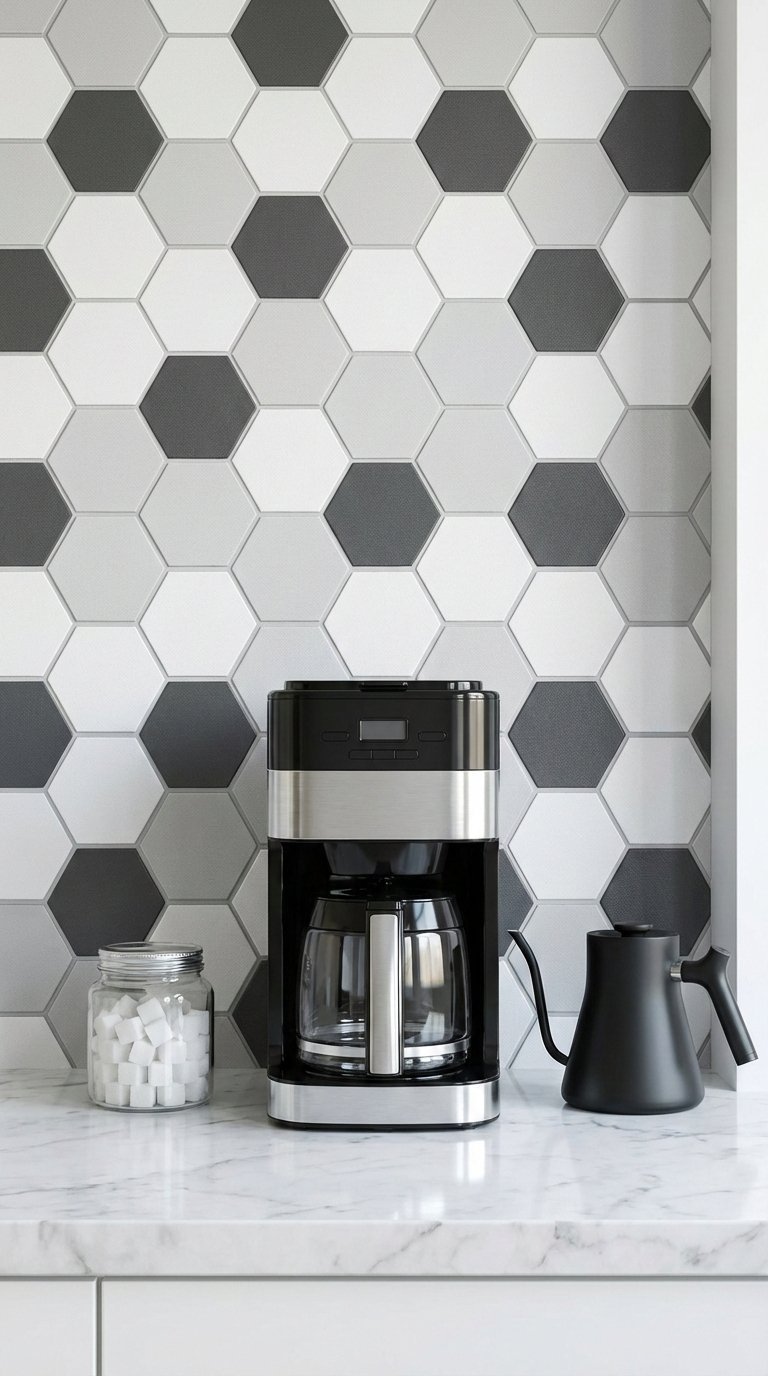 Modern coffee maker on marble countertop against hexagonal peel-and-stick tile backsplash with black kettle